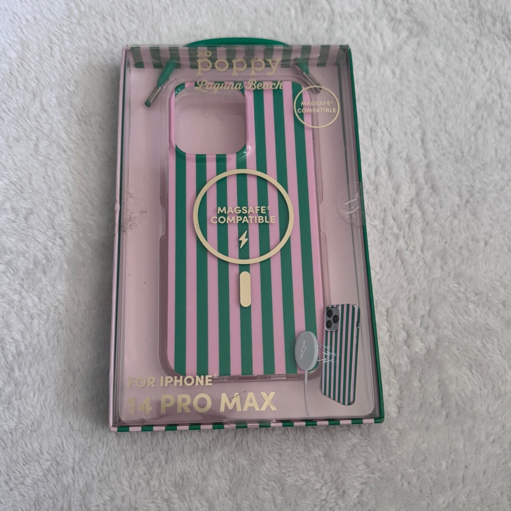 XO Poppy Laguna Beach for iPhone 14 Pro Max Case MagSafe Pink Green Stripe NIP